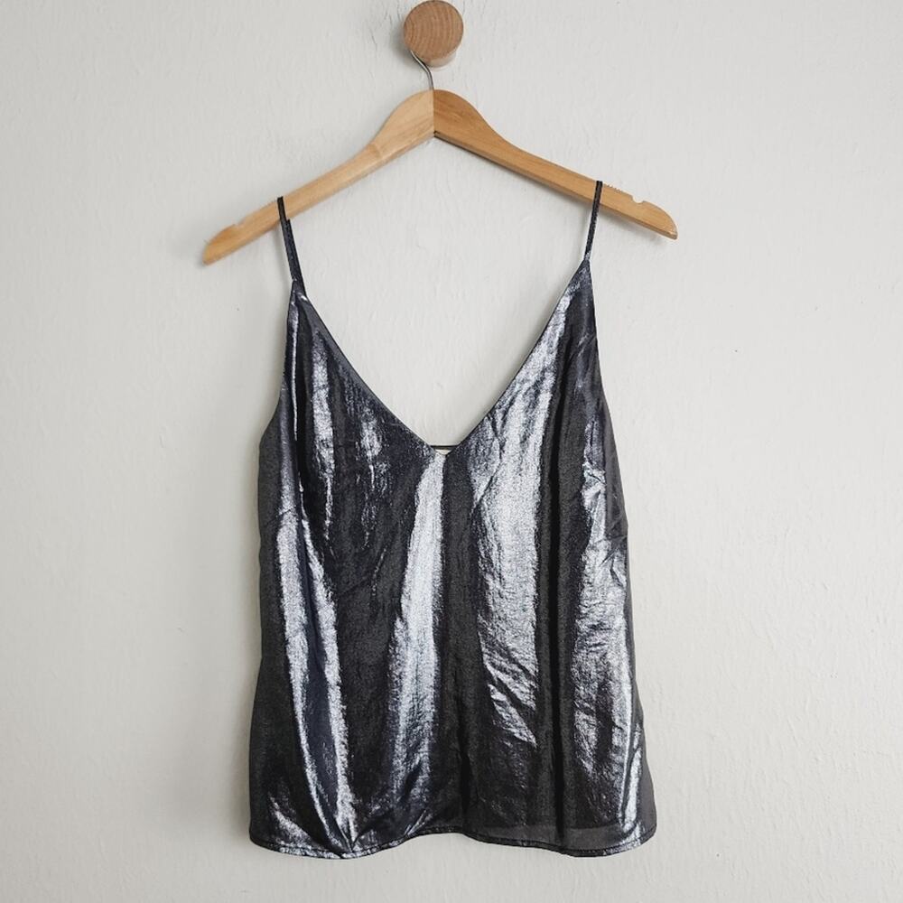 NWT L'Agence Gabriella Metallic Silver Black V-Neck Cami Tank Top Women's XS